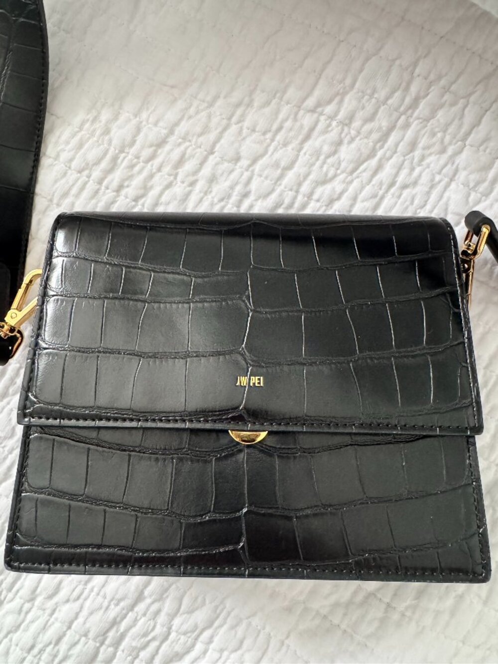 JW PEI Black Croc Embossed Crossbody Shoulder Bag Gold Hardware
